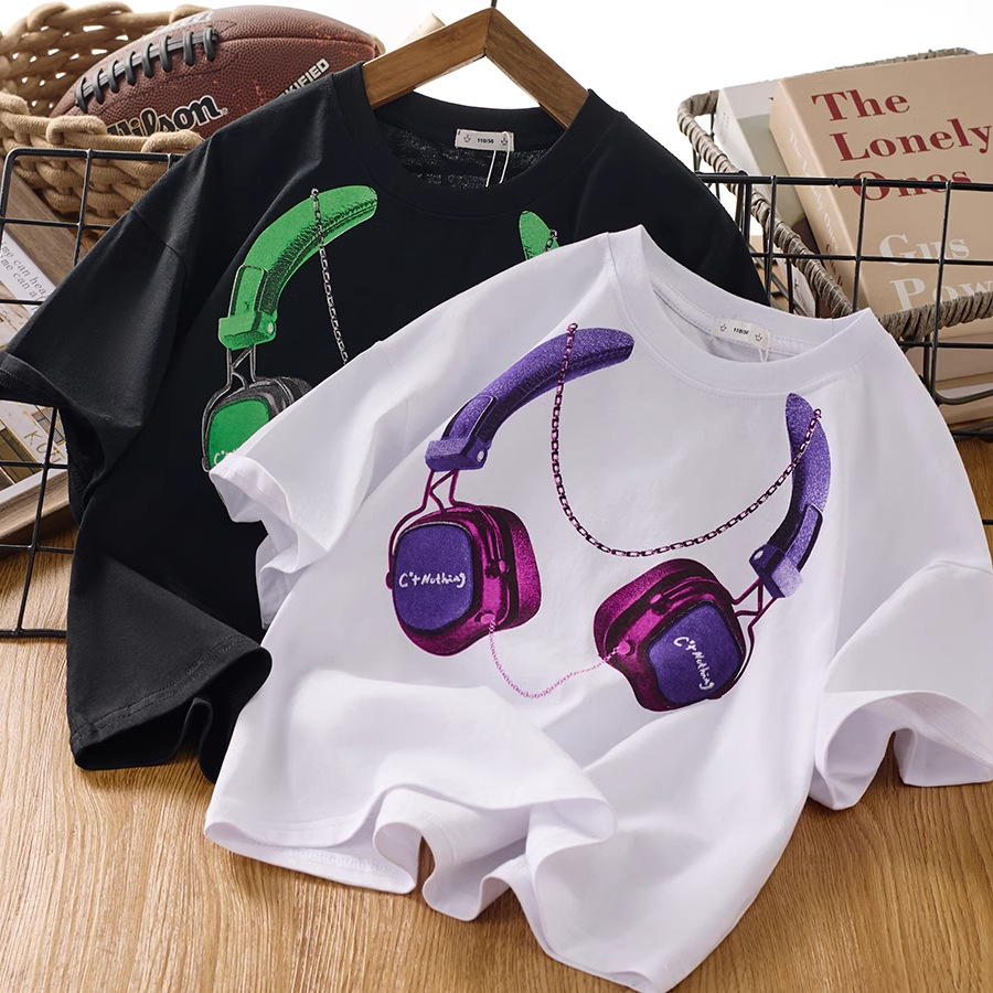 キッズファッション 音楽好きキッズのヘッドホンプリント半袖Tシャツ