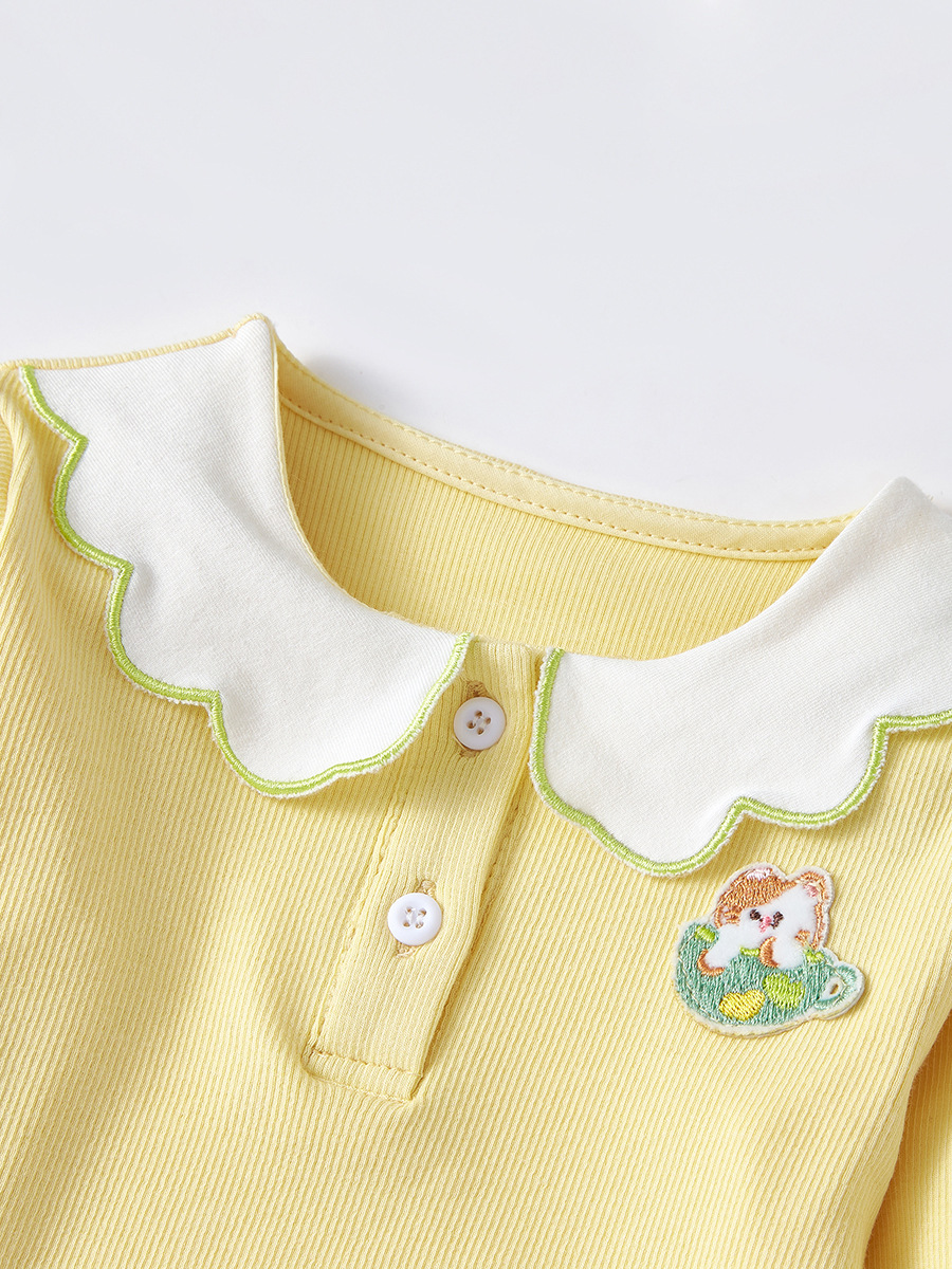 キッズファッション 子犬刺繍つきスカラップ襟長袖トップス