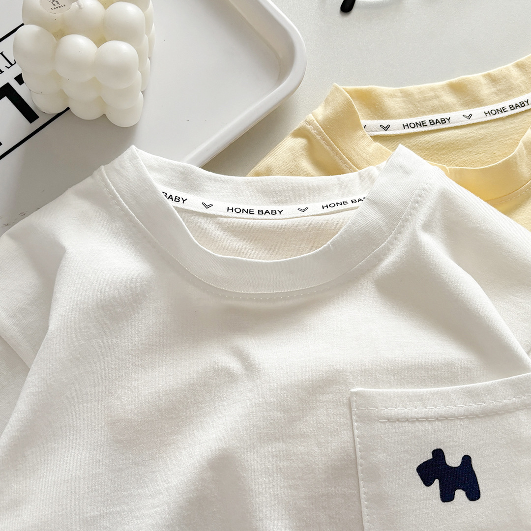 キッズファッション 子犬刺繍ポケット付き半袖Tシャツ