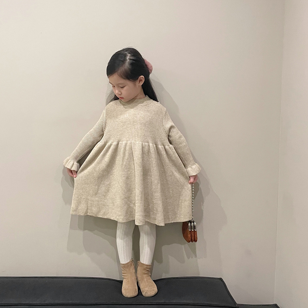 キッズファッション リブ編み長袖ふんわりフレア袖ワンピース