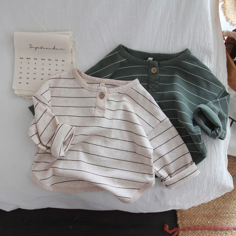 キッズファッション ナチュラル細ボーダー長袖ヘンリーネックティーシャツ