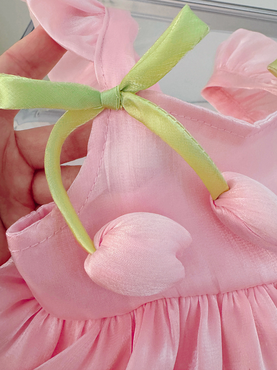 キッズファッション 花びらフリル付きリボンストラップ姫様風ドレス