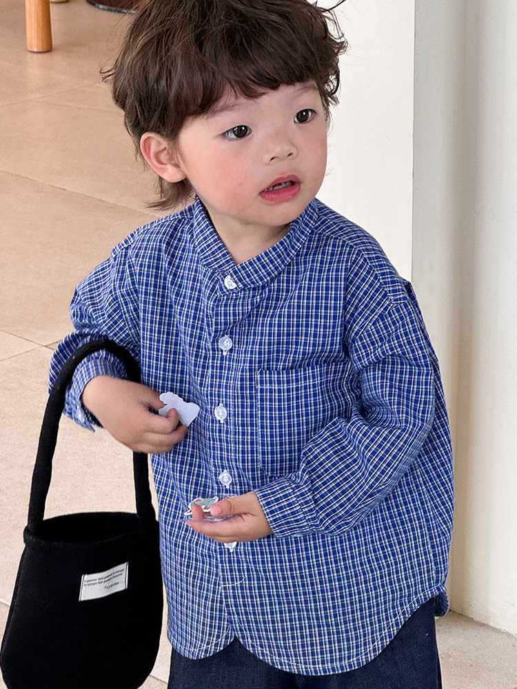 キッズファッション ナチュラル小紋チェック柄バンドカラー長袖シャツ