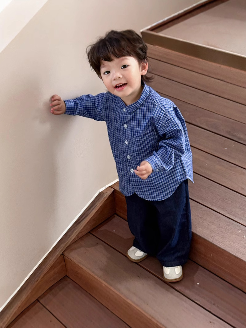 キッズファッション ナチュラル小紋チェック柄バンドカラー長袖シャツ