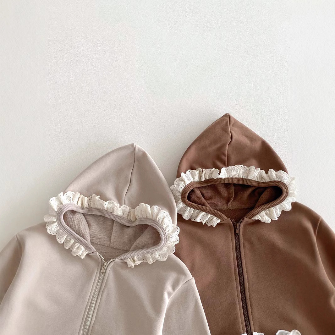 キッズファッション フリルフード付き裾レース切替ジップアップトレーナー