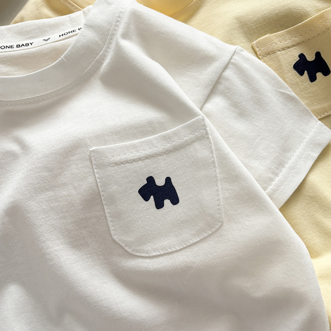 キッズファッション 子犬刺繍ポケット付き半袖Tシャツ