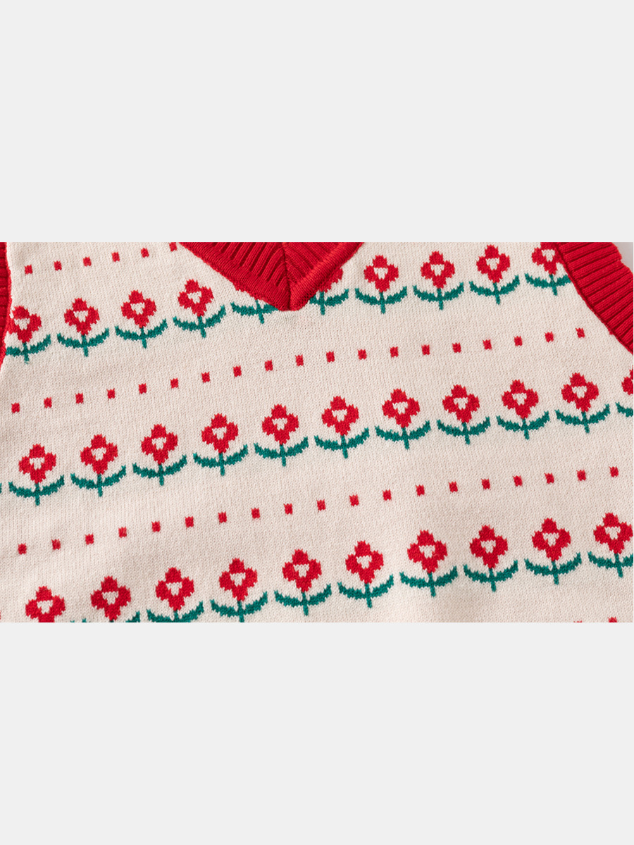 キッズファッション 花柄編み込み袖なしニットベスト