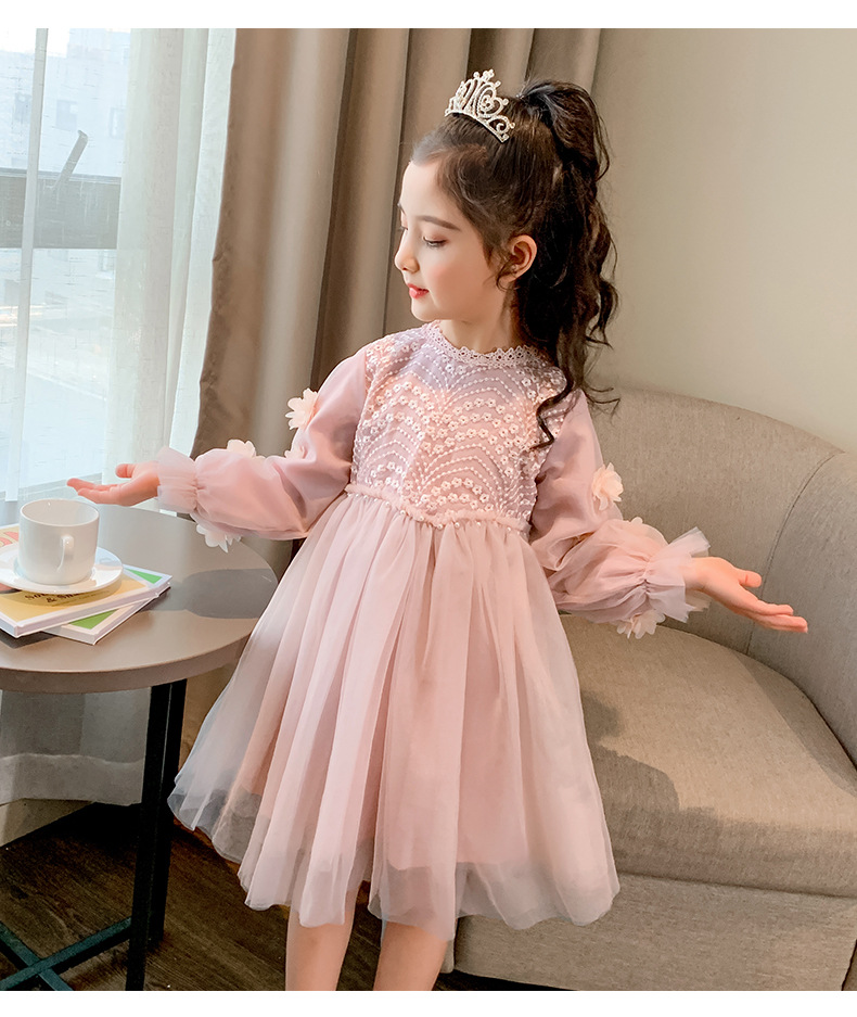 キッズファッション お姫様気分満喫パールビーズ刺繍長袖チュールドレス