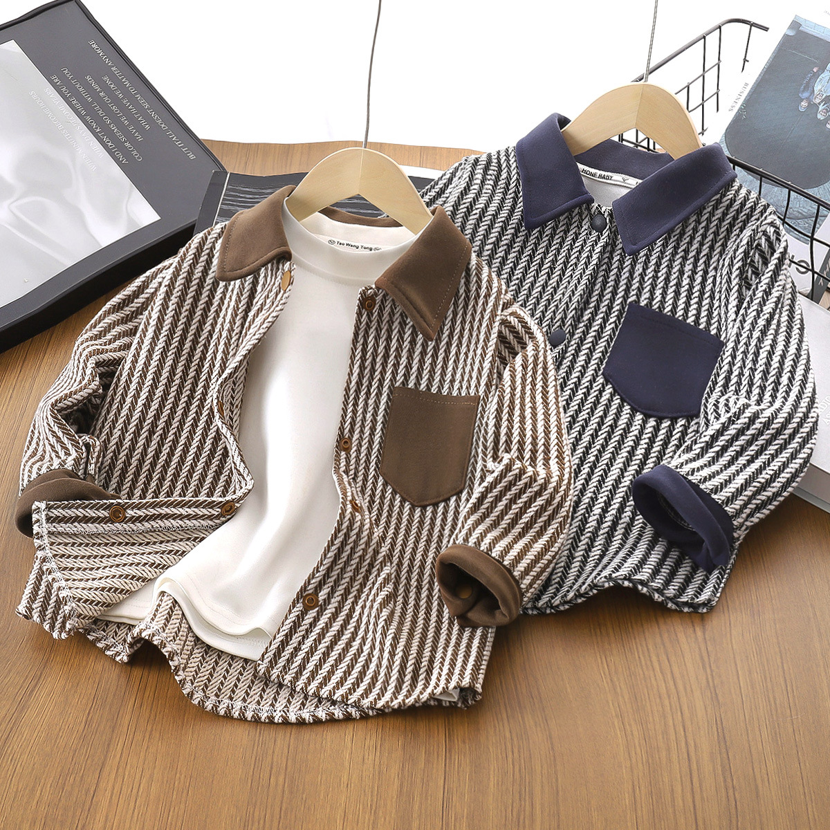 キッズファッション シャツ　ヘリンボーン柄配色切替長袖シャツ