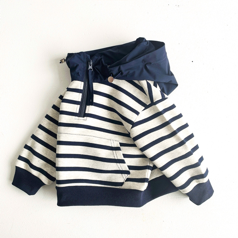 キッズファッション マリンボーダー柄フード付きハーフジップトレーナー