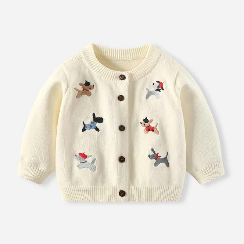 キッズファッション 可愛い子犬刺繍の丸首ボタン留めカーディガン
