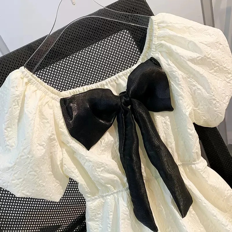 キッズファッション パフスリーブフラワー刺繍リボン付きプリンセスドレス