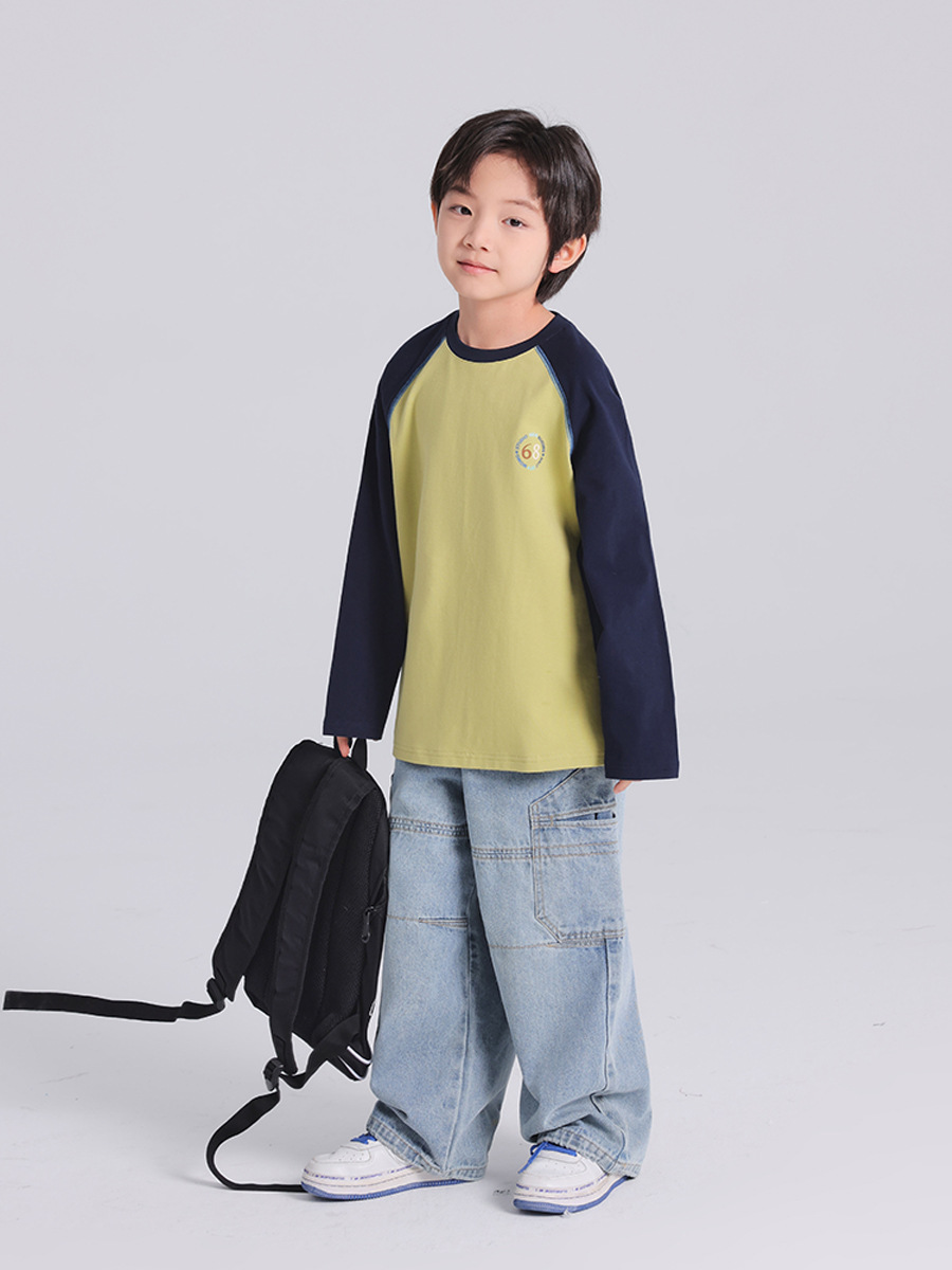 キッズファッション ナンバー刺繍入り配色切り替え長袖Tシャツ