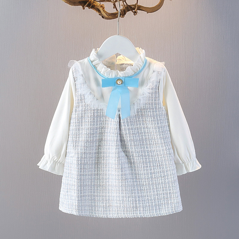 キッズファッション ワンピース　襟リボン付きツイード風ジャンパースカートセット