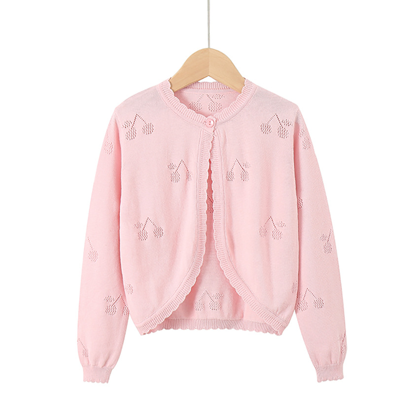 キッズファッション さくらんぼ模様の透かし編み丸首カーディガン