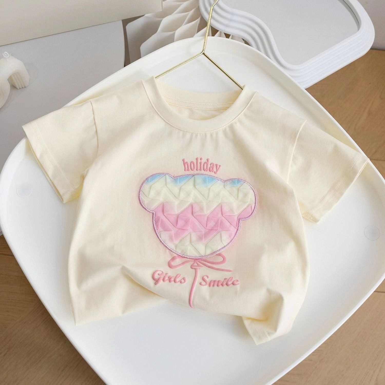 キッズファッション キルティング風アイスクリーム刺繍半袖Tシャツ