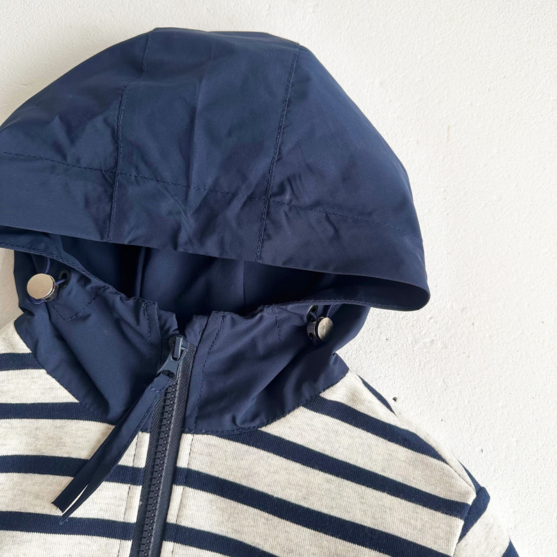 キッズファッション マリンボーダー柄フード付きハーフジップトレーナー