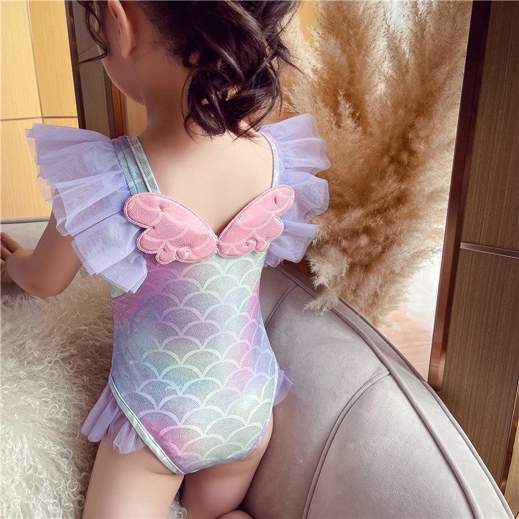 キッズファッション 人魚姫風チュール袖付き女の子用水着セット