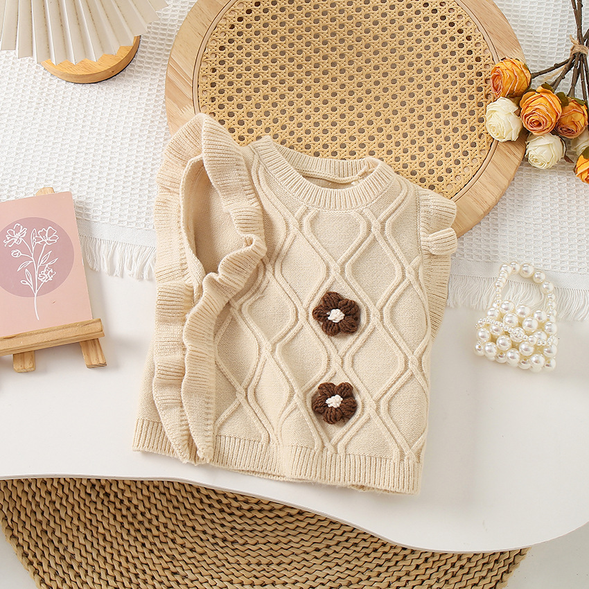 キッズファッション 立体ケーブル編みお花モチーフ付きニットセーター