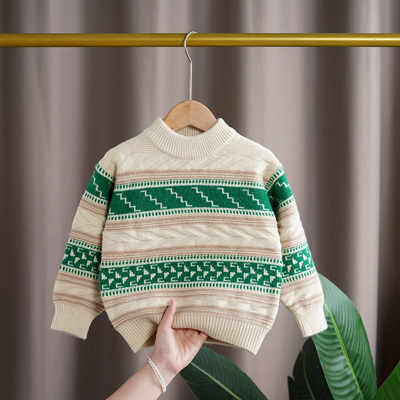 キッズファッション 北欧風ジャカード柄モックネックニットセーター