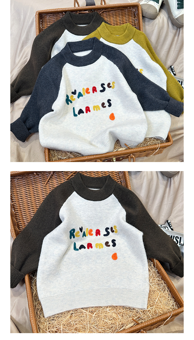 キッズファッション 文字刺繍入りラグランスリーブニットセーター