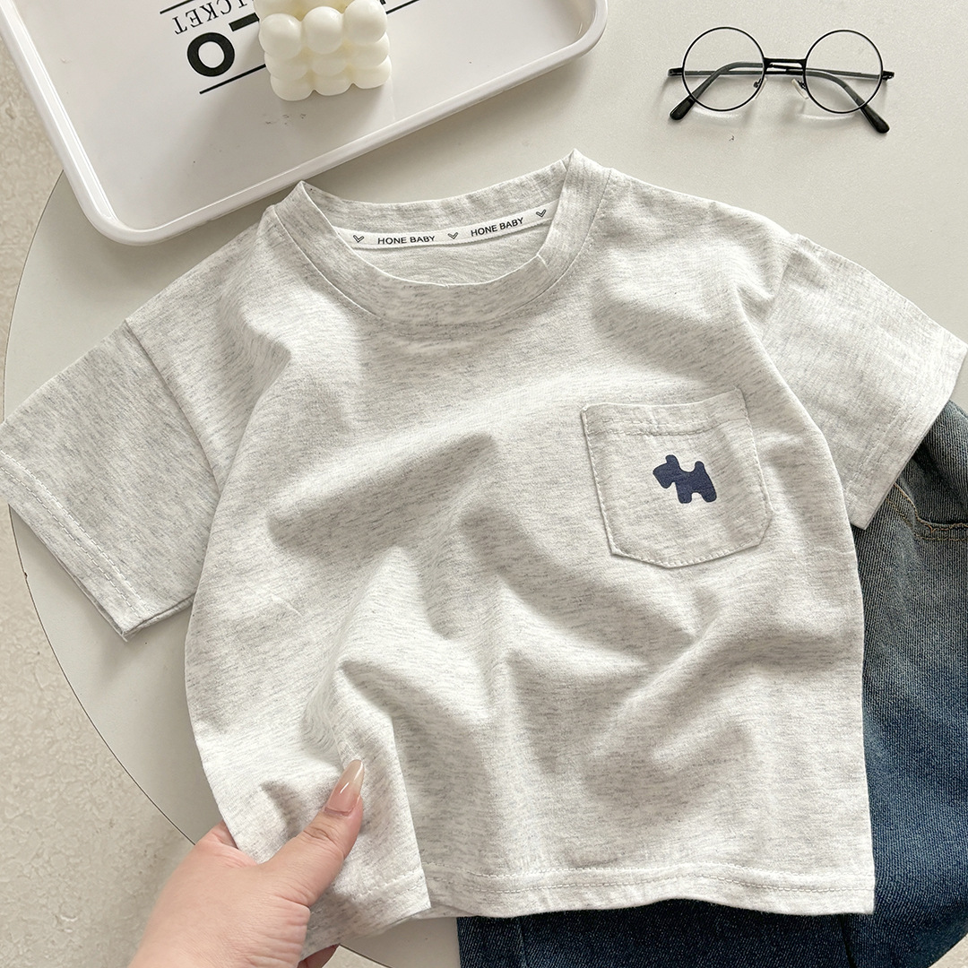 キッズファッション 子犬刺繍ポケット付き半袖Tシャツ