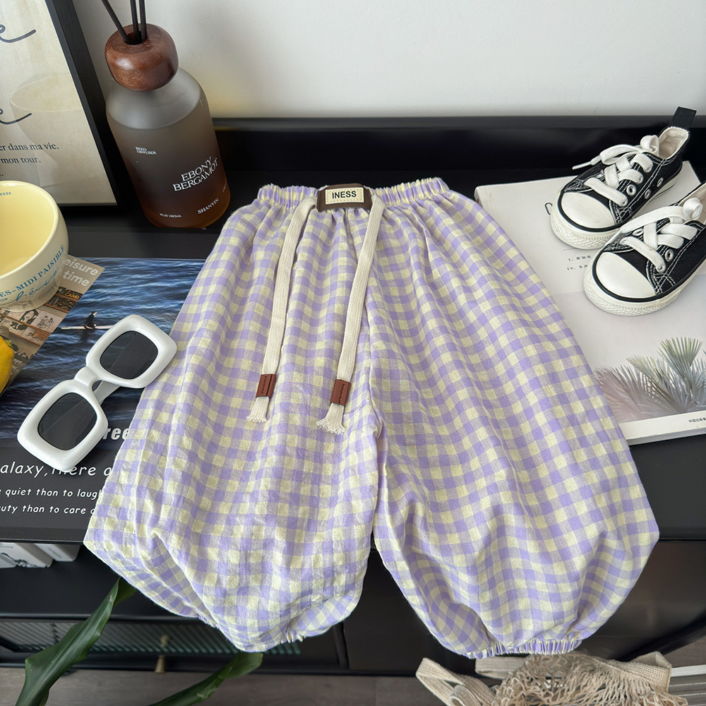 キッズファッション ギンガムチェック柄吊りひもバルーンパンツ