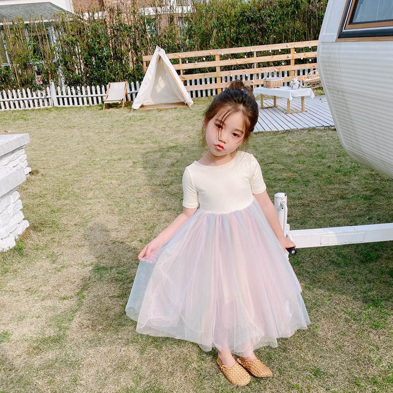 キッズファッション 背中交差ひも付き姫様ふんわりチュールワンピース