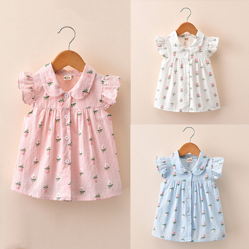 キッズファッション 小花柄フリル袖シャツワンピース