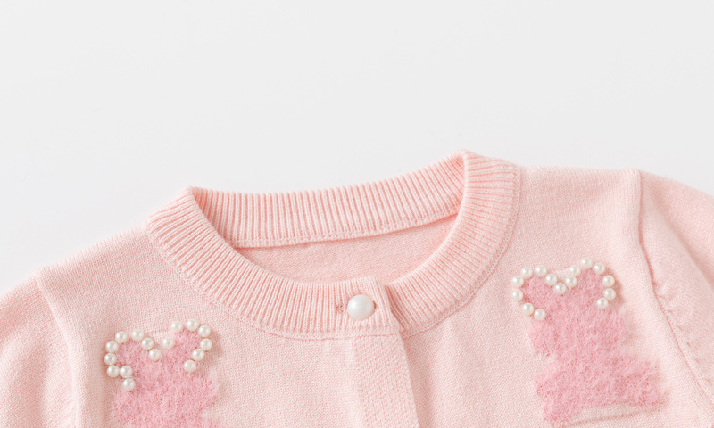 キッズファッション ウサギ刺繍パール付き丸襟ニットカーディガン