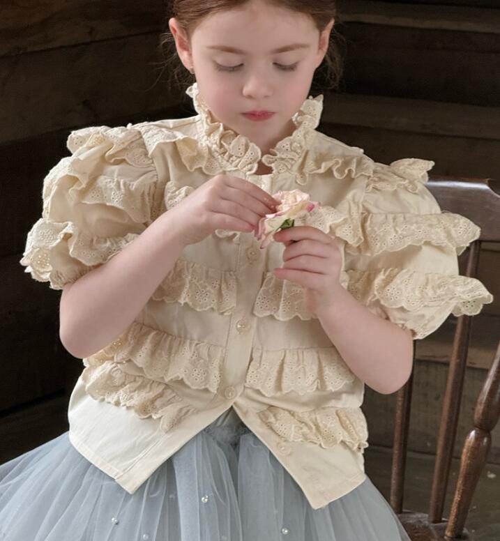 キッズファッション 女の子用フリルレース半袖シャツ