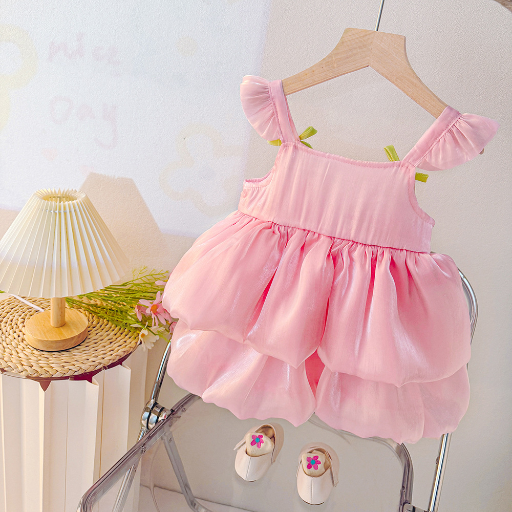 キッズファッション 花びらフリル付きリボンストラップ姫様風ドレス