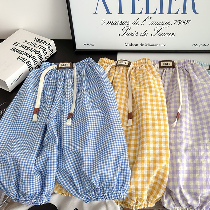 キッズファッション ギンガムチェック柄吊りひもバルーンパンツ