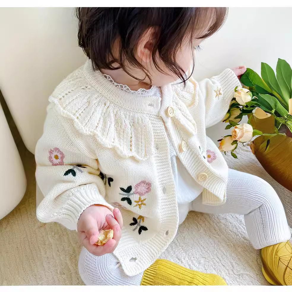 キッズファッション 花刺繍レース襟付きニットカーディガン