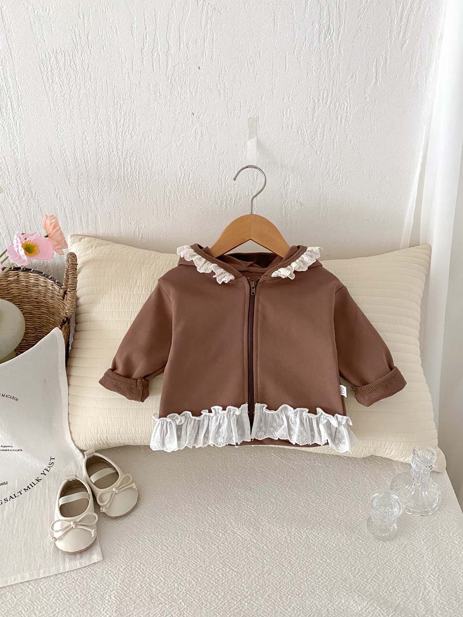 キッズファッション フリルフード付き裾レース切替ジップアップトレーナー