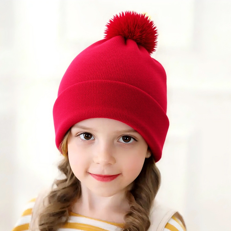 キッズファッション ふわふわボンボン付きキッズニット帽