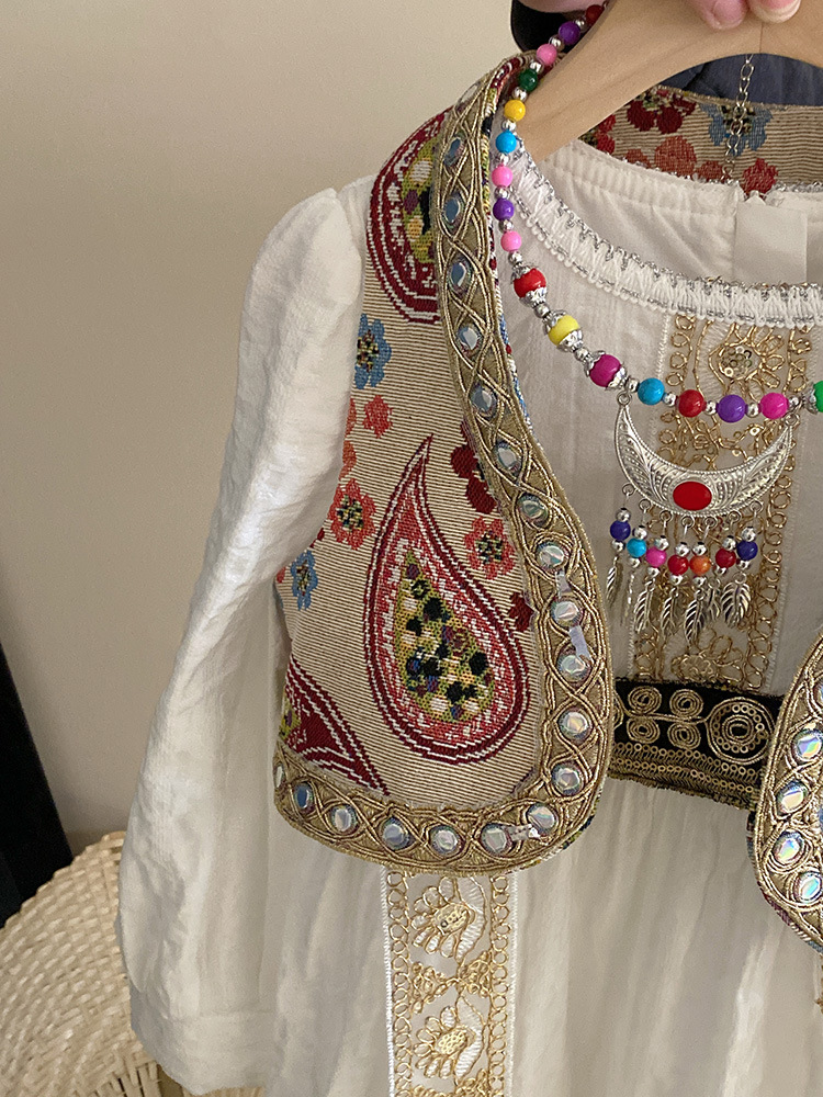 キッズファッション 民族調刺繍ベスト付き長袖ワンピースドレス