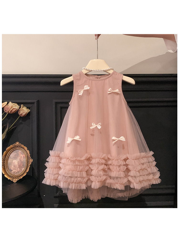 キッズファッション 小花リボン付きふわふわチュール姫様ドレス