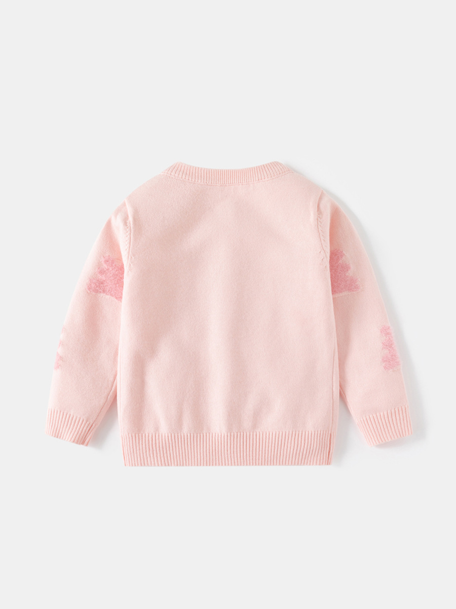 キッズファッション ウサギ刺繍パール付き丸襟ニットカーディガン