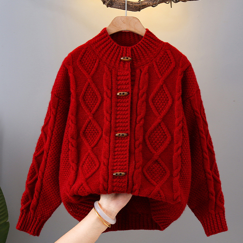 キッズファッション 立体ケーブル編みトグルボタンカーディガン