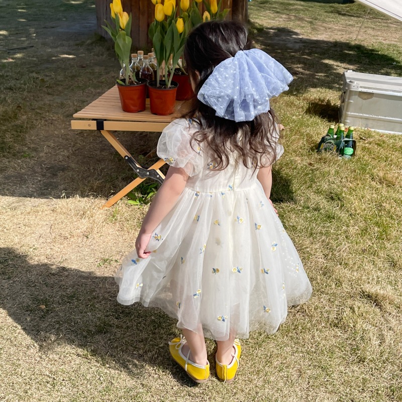 キッズファッション 花柄刺繍チュール姫様半袖ドレス