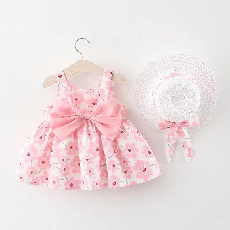 キッズファッション 花柄リボン付きノースリーブ帽子セットワンピース