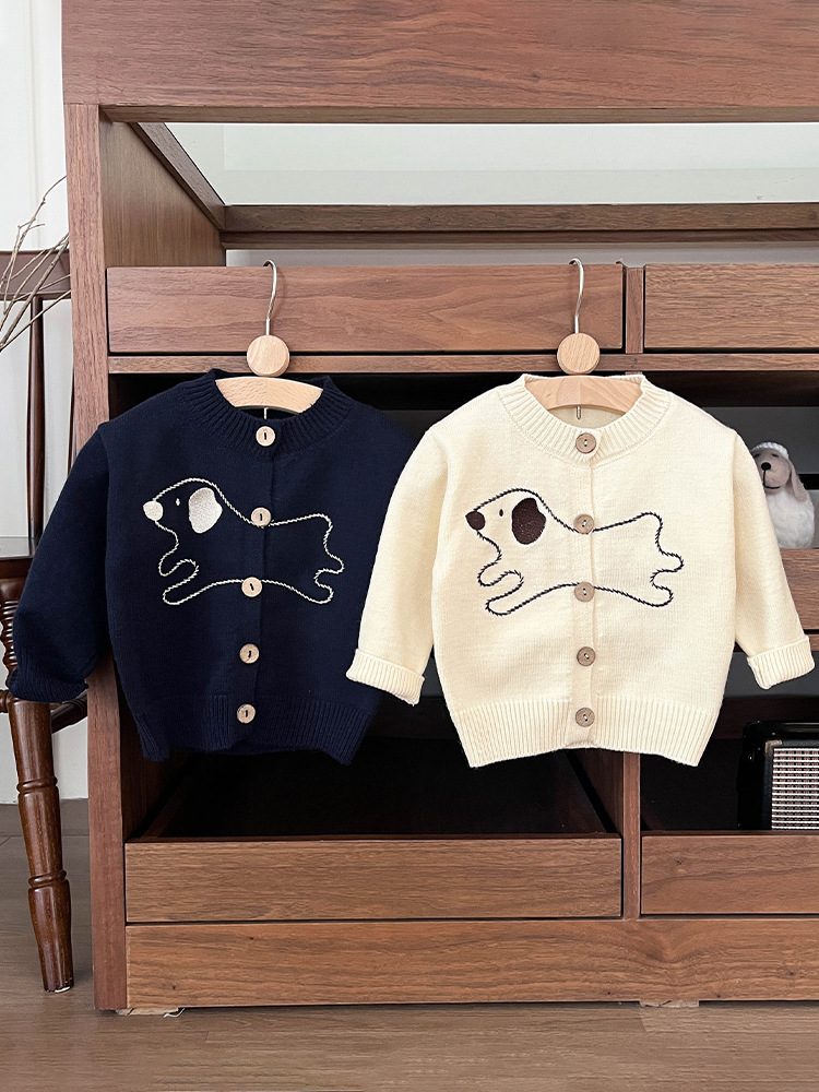 キッズファッション 可愛い子犬刺繍の前開きカーディガン