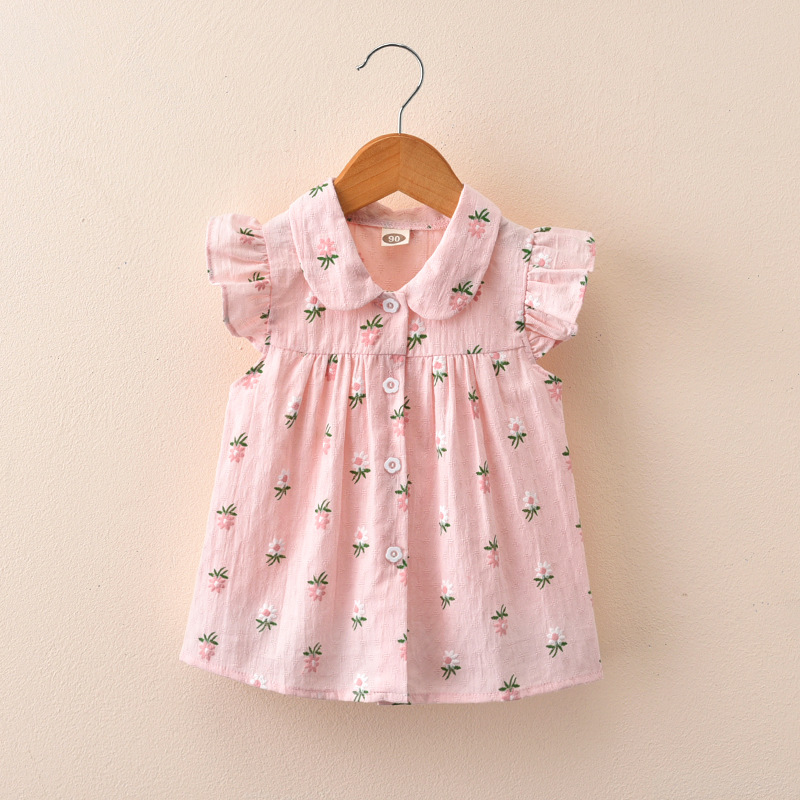 キッズファッション 小花柄フリル袖シャツワンピース