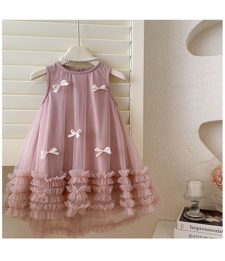 キッズファッション 小花リボン付きふわふわチュール姫様ドレス
