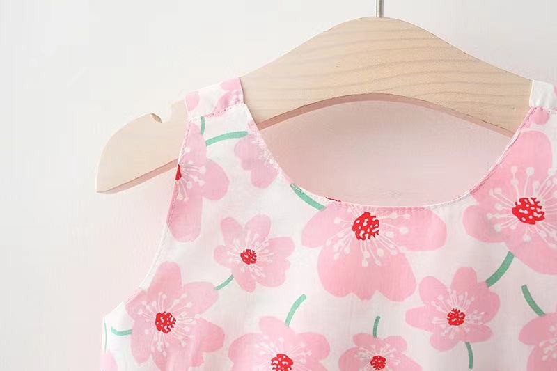 キッズファッション 花柄リボン付きノースリーブ帽子セットワンピース