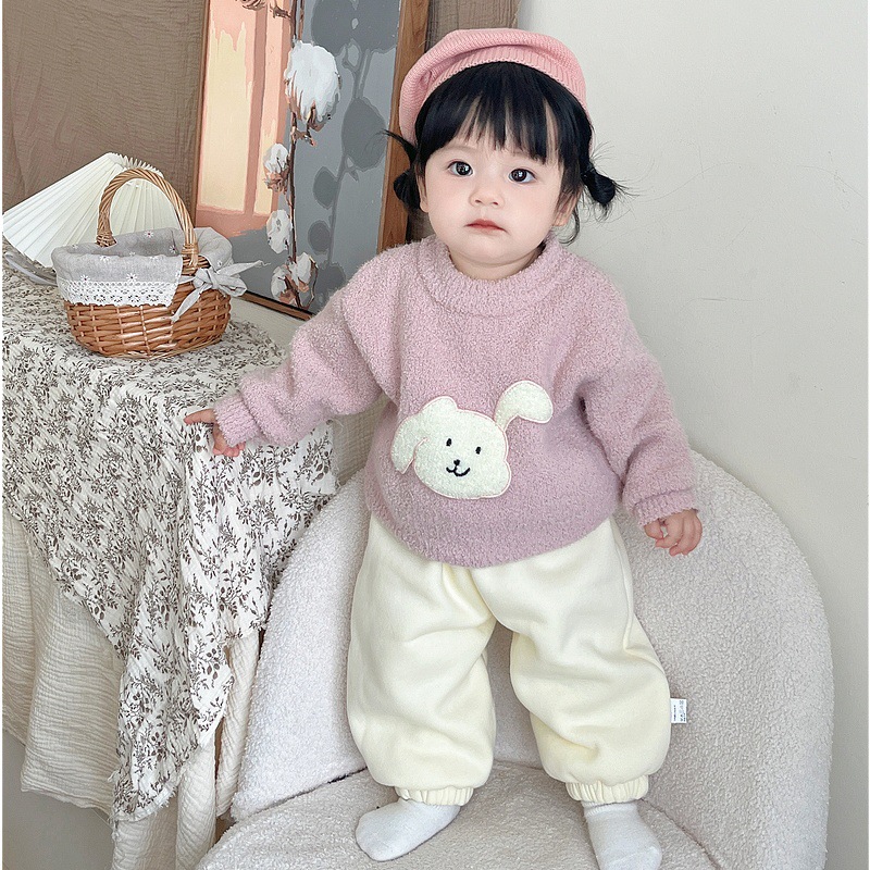 キッズファッション ぺんぎんワッペン付きふわもこ長袖ニットトップス
