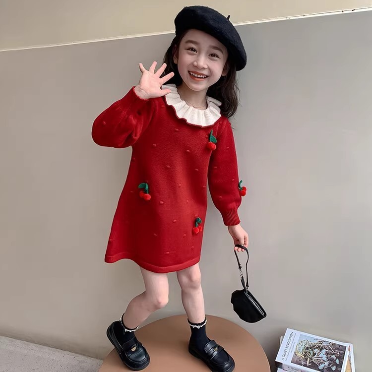 キッズファッション さくらんぼ刺繍フリルえりニットワンピース