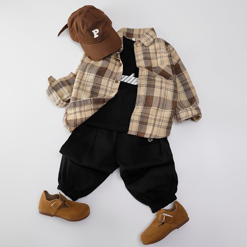 キッズファッション キッズチェック柄長袖シャツ胸ポケット付き