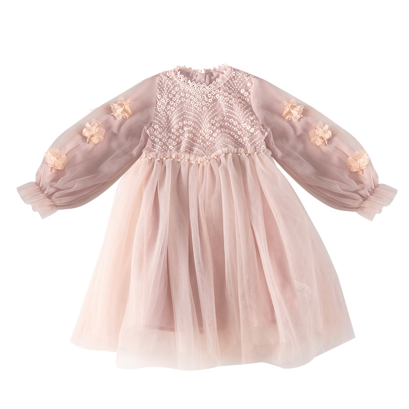 キッズファッション お姫様気分満喫パールビーズ刺繍長袖チュールドレス